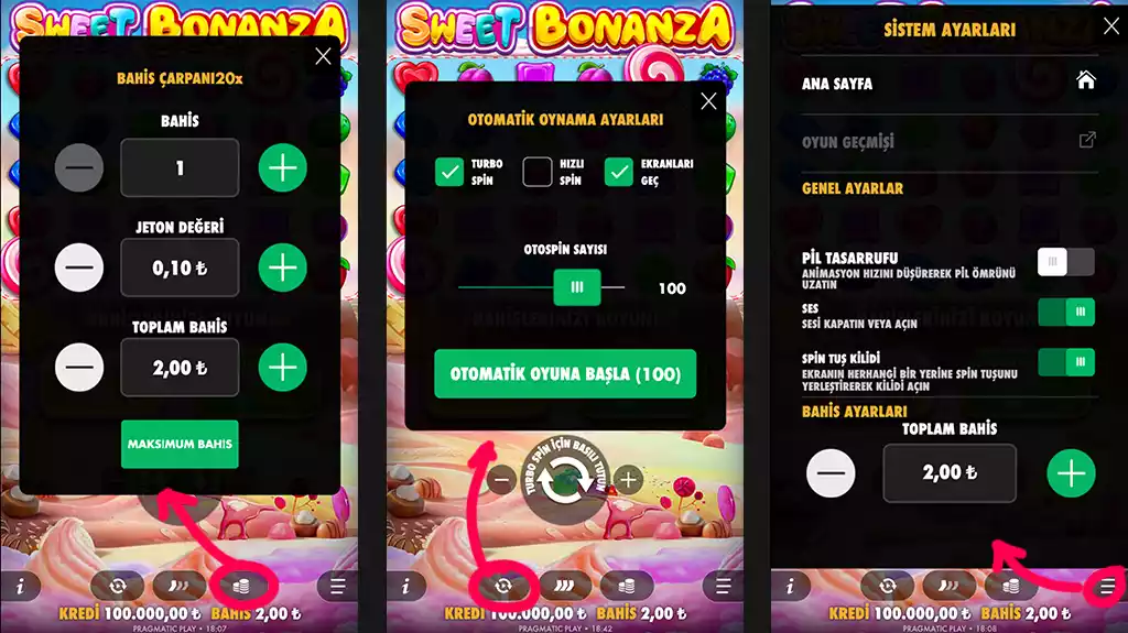 Sweet Bonanza oyun ekranındaki temel kontrol alanları