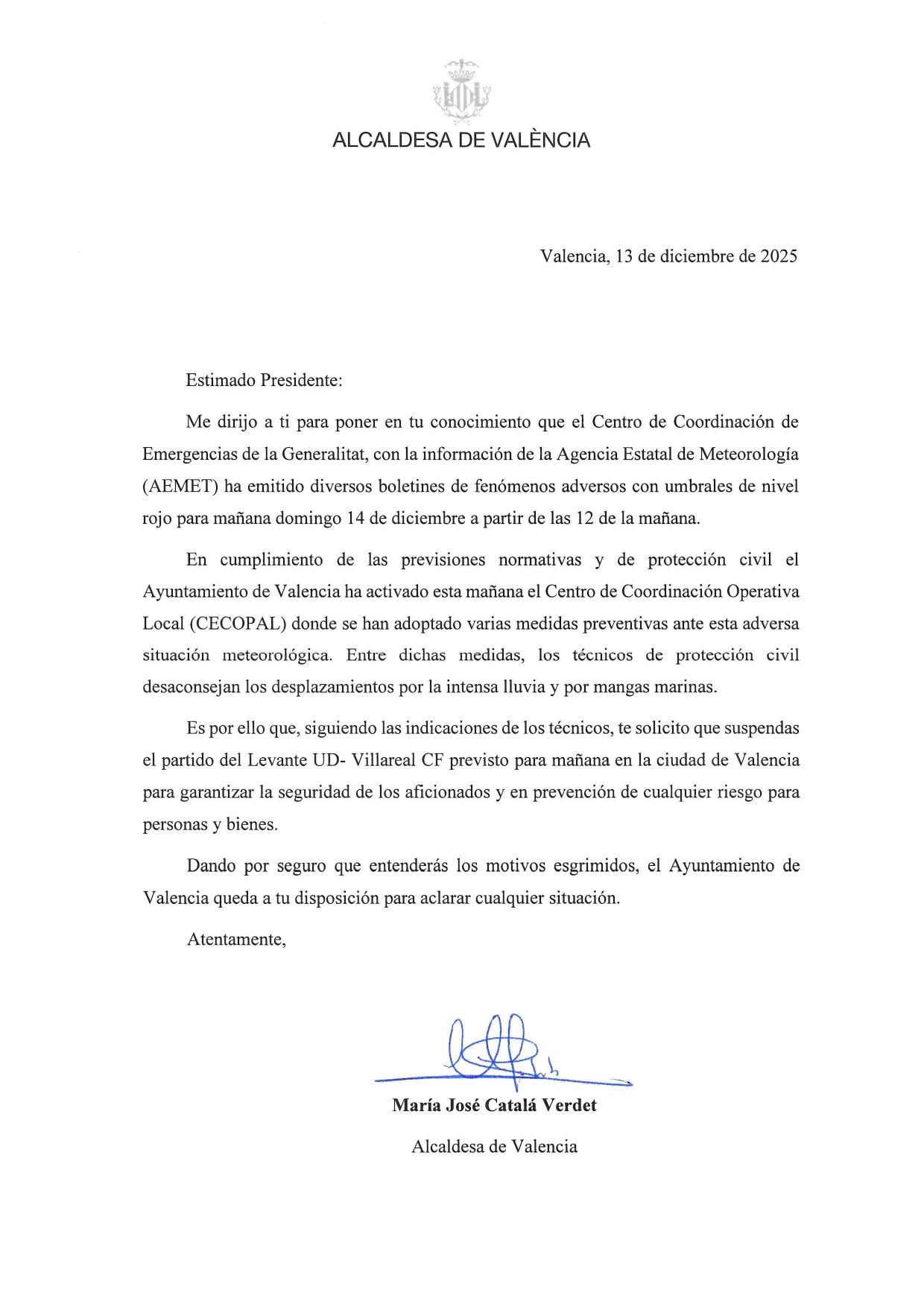 رسالة عمدة فالنسيا إلى رئيس رابطة الدوري الإسباني