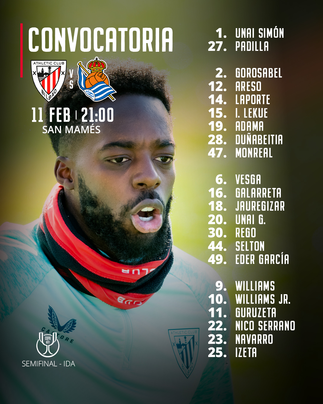 قائمة أتلتيك بلباو لمباراة كأس الملك أمام ريال سوسيداد