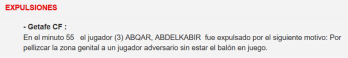 Lo que dice el acta de la expulsión de Abqar: “Por pellizcar la zona genital a un jugador adversario”
