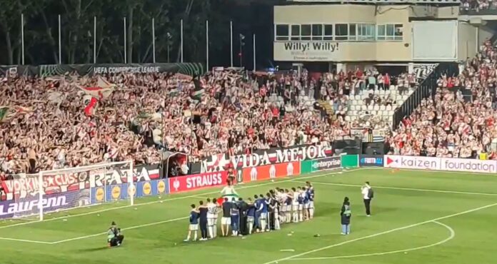 VIDEO: Rayo Vallecano player takes Palestine flag from the crowd during Conference League celebrations