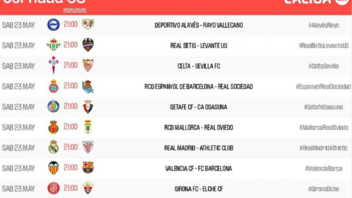 El sábado 23 de mayo a las 21.00 horas, última jornada de Liga